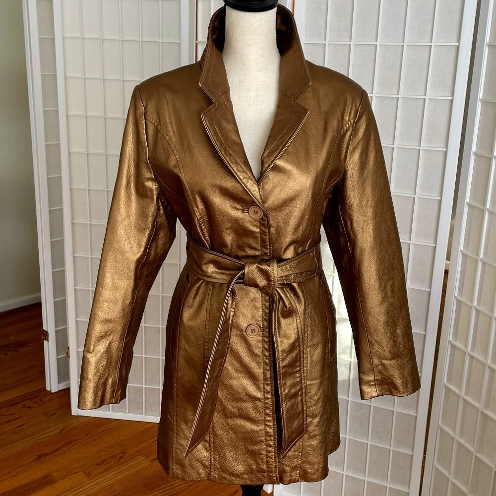 Gold/Bronze Metallic Leather Trench Coat with Belt, Sz. 10P, by MetroStyle